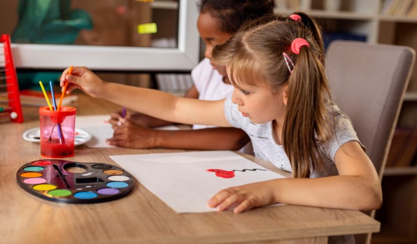 Children doing art class at home
