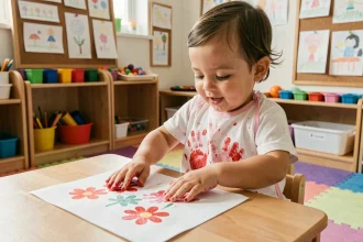 Tout-petit en crèche réalisant une activité peinture empreintes de mains pour la fête des mères