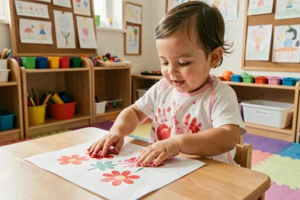 Tout-petit en crèche réalisant une activité peinture empreintes de mains pour la fête des mères