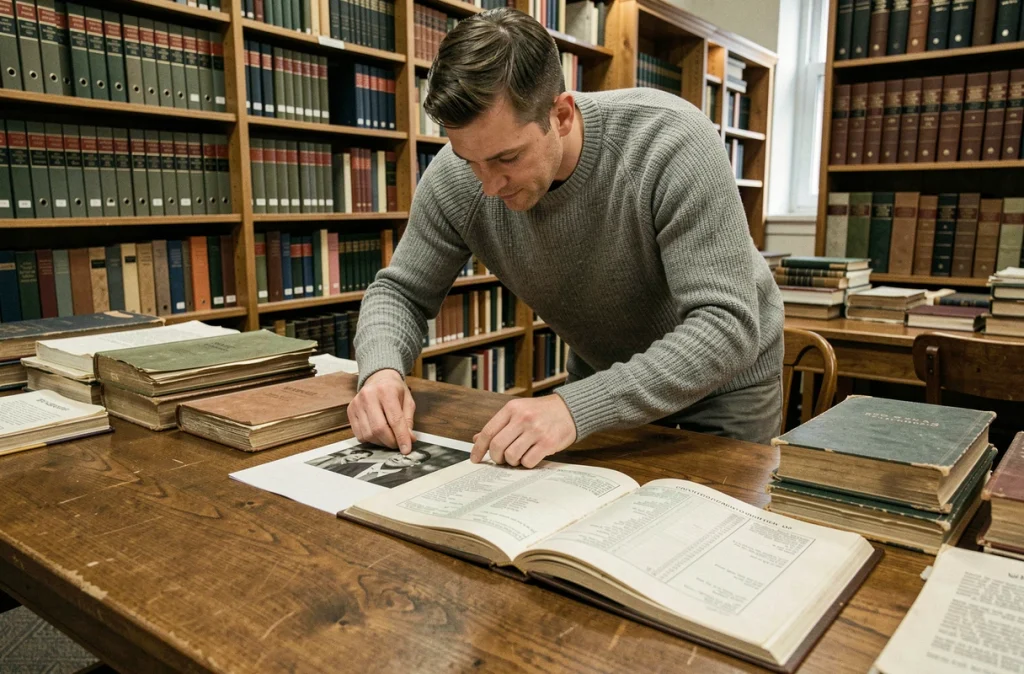 Homme en bibliothèque d'archives comparant des photographies anciennes et des registres généalogiques pour retracer ses origines familiales