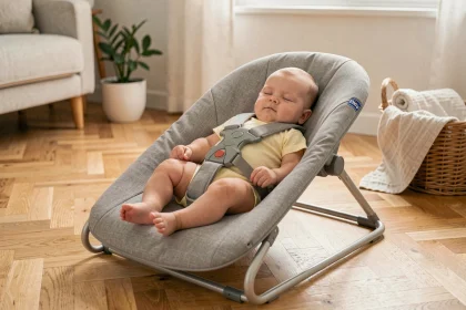 Bébé de 3 mois installé confortablement dans une chaise haute évolutive Chicco Polly Magic Relax en position inclinée dans un salon scandinave