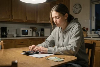 Jeune femme fatiguée calculant le tarif d'une nounou de nuit à la cuisine en pleine nuit avec des billets et une calculatrice