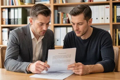 Couple examinant une convention de PACS ensemble à leur bureau à domicile