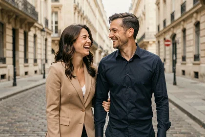 Couple célèbre se promenant naturellement dans une rue parisienne, illustrant la vie quotidienne sous la notoriété