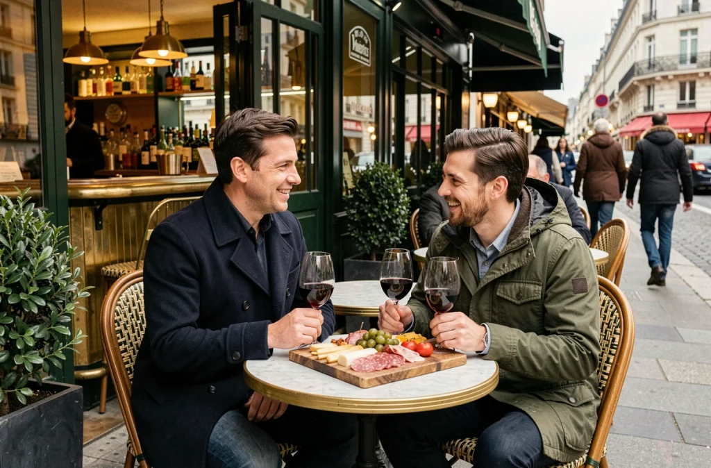 Couple attablé en terrasse d'une brasserie parisienne le soir partageant une planche de charcuterie et du vin rouge