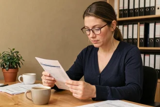 Employée de crèche analysant sa fiche de paie à son bureau à domicile