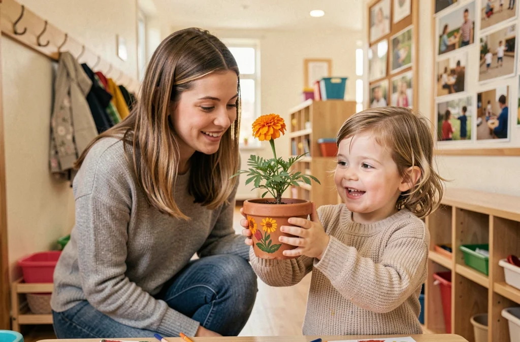 Enfant en crèche tenant fièrement un pot de fleur artisanal réalisé pour la fête des mères