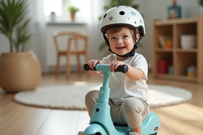 Jeune enfant en bas âge portant un casque de sécurité et des protège-genoux, assis sur un scooter bébé électrique bleu pastel dans un intérieur scandinave chaleureux