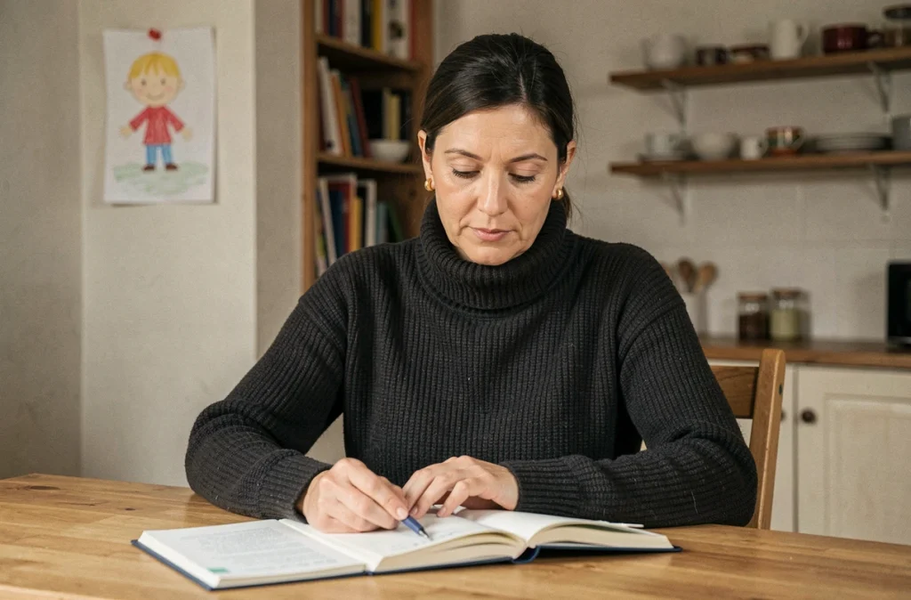 Femme concentrée travaillant à la table familiale dans un intérieur chaleureux, évoquant l'équilibre entre engagements professionnels et vie de famille discrète