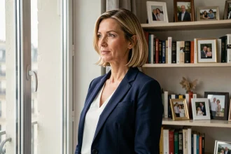 Portrait élégant d'une femme épanouie en blazer marine dans un appartement parisien, symbolisant équilibre entre vie de famille et carrière professionnelle