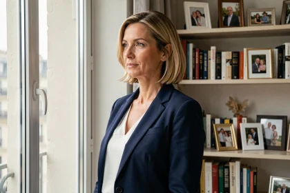 Portrait élégant d'une femme épanouie en blazer marine dans un appartement parisien, symbolisant équilibre entre vie de famille et carrière professionnelle
