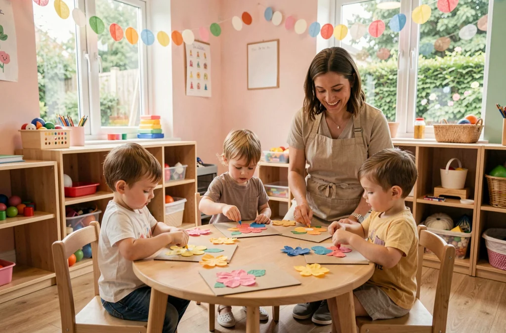 Groupe d'enfants en crèche fabriquant des cartes fleurs pour la fête des mères avec une éducatrice