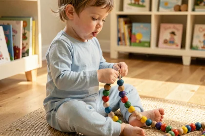 Enfant de 2 ans enfilant des perles en bois colorées, jeu de motricité fine adapté aux tout-petits qui se lassent vite