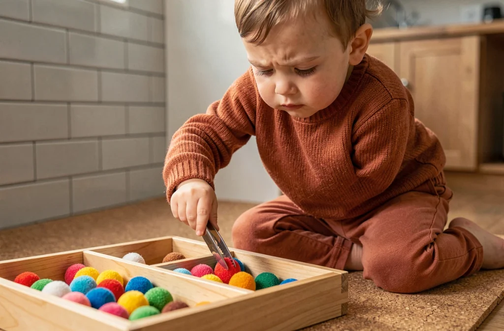 Enfant de 2 ans utilisant des pinces pour déplacer des pompons, activité de motricité fine engageante pour les enfants actifs