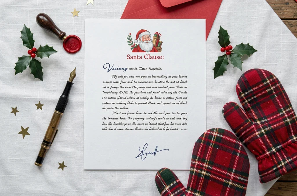 Vue de dessus d'une lettre au Père Noël imprimée entourée d'accessoires festifs comme un stylo plume, un cachet de cire rouge et une enveloppe sur un tissu lin blanc