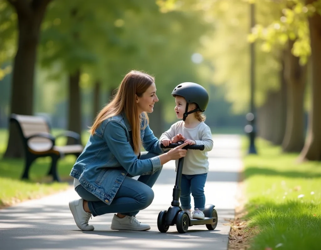 Mère ajustant le casque de sécurité de son enfant avant une sortie en scooter électrique bébé dans un parc ensoleillé