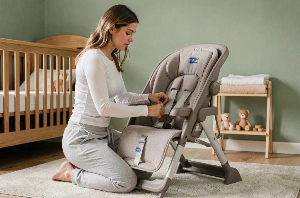 Jeune mère ajustant l'inclinaison d'une chaise haute Chicco Polly Magic Relax dans une chambre de bébé décorée en vert sauge