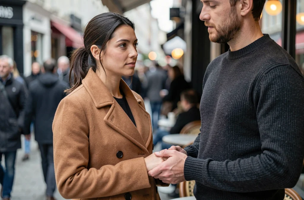 Femme connue et son mari main dans la main devant un café parisien, illustrant la gestion sereine de la notoriété en couple