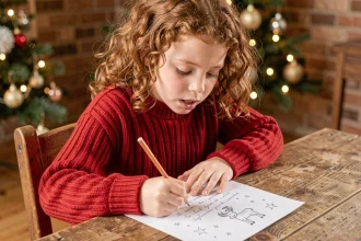 Petite fille écrivant une lettre au Père Noël à un bureau en bois avec un arbre de Noël en arrière-plan