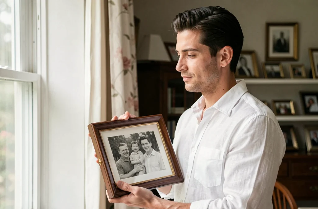 Homme tenant un portrait de famille ancien en noir et blanc, symbolisant la quête d'identité et la vérification des origines parentales