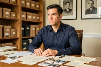 Homme consultant des documents généalogiques et photos de famille anciens dans un bureau à domicile, illustration de la recherche sur les origines familiales