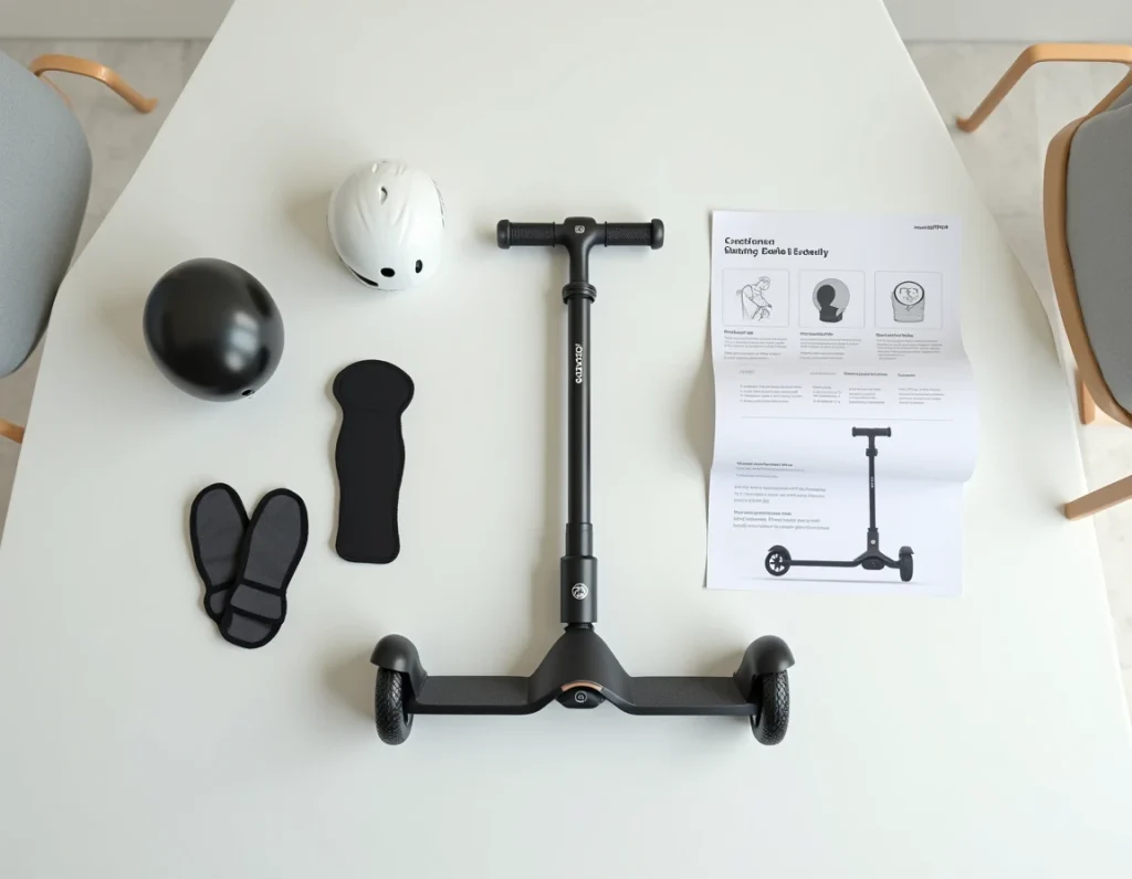 Vue à plat d'un scooter bébé électrique entouré d'accessoires de sécurité certifiés : casque, genouillères, protège-poignets et manuel d'instructions