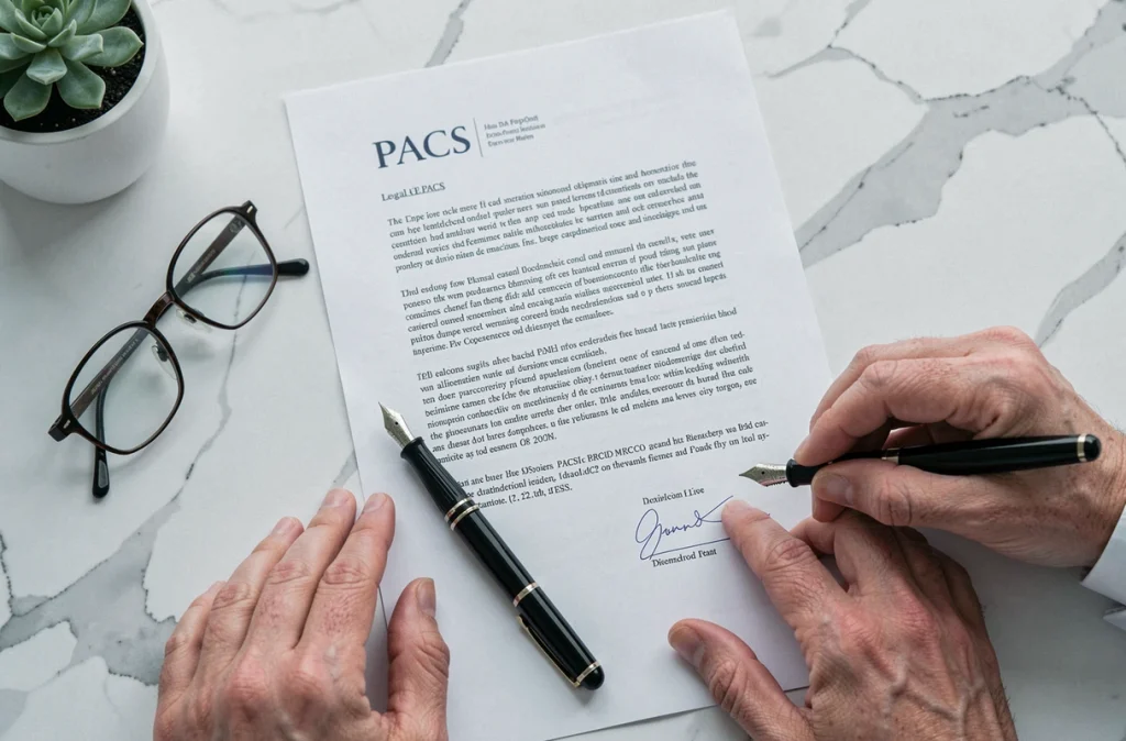 Gros plan sur une convention de PACS prête à être signée avec un stylo plume sur bureau en marbre