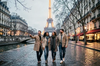 Groupe d'amis se promenant sur les quais de Seine à Paris en soirée avec la Tour Eiffel en arrière-plan