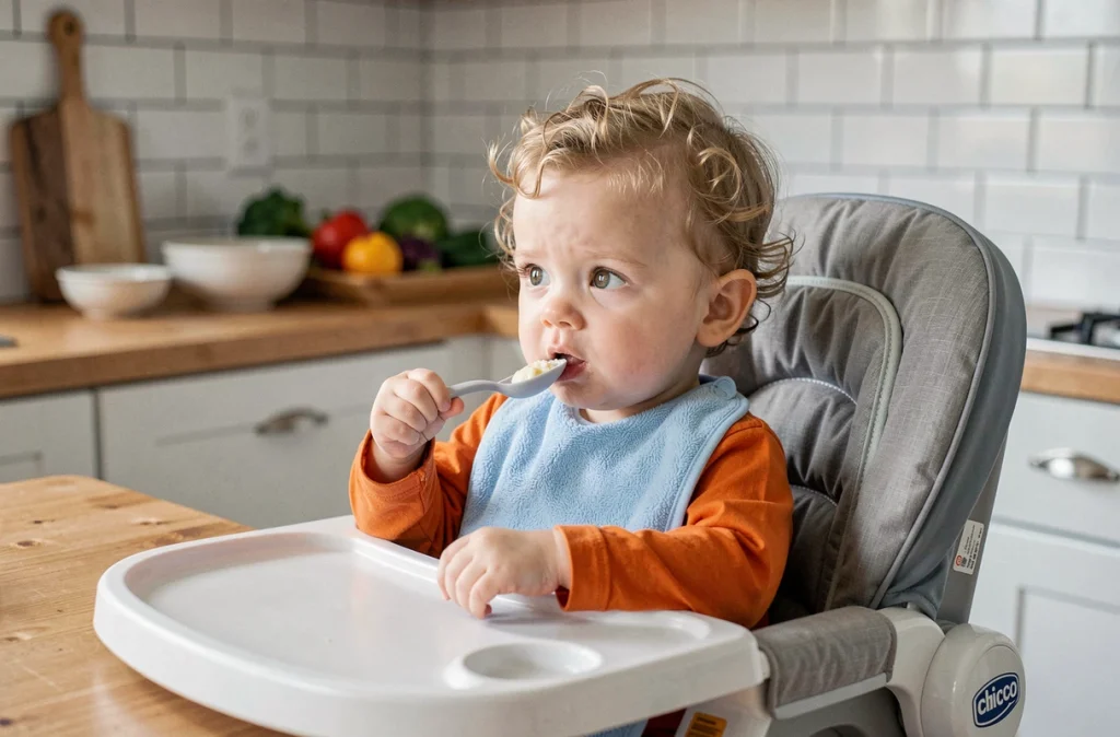 Tout-petit de 18 mois assis dans une chaise haute Chicco Polly Magic Relax à table pendant le repas avec une cuillère en silicone