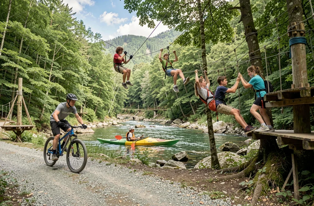 Groupe d'adolescents pratiquant plusieurs sports d'aventure simultanément lors d'un séjour multi-sports Colo Défis Aventure ados en vallée forestière
