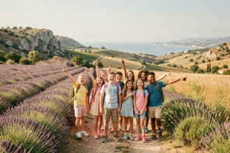 Groupe d'enfants et d'adolescents explorant un paysage provençal ensoleillé lors d'une colonie de vacances en Provence-Alpes-Côte d'Azur