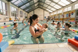 Cours de bébé nageur en Occitanie : une mère et son nourrisson dans une piscine intérieure entourés d'autres familles