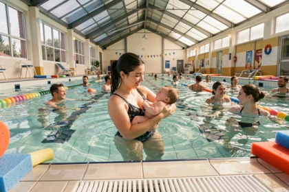 Cours de bébé nageur en Occitanie : une mère et son nourrisson dans une piscine intérieure entourés d'autres familles