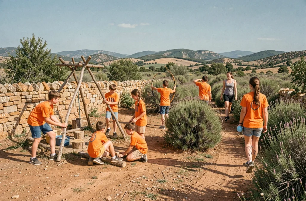 Enfants participant à des activités multiples en plein air dans un camp Djuringa Juniors en Provence, avec tir à l'arc, construction nature et randonnée