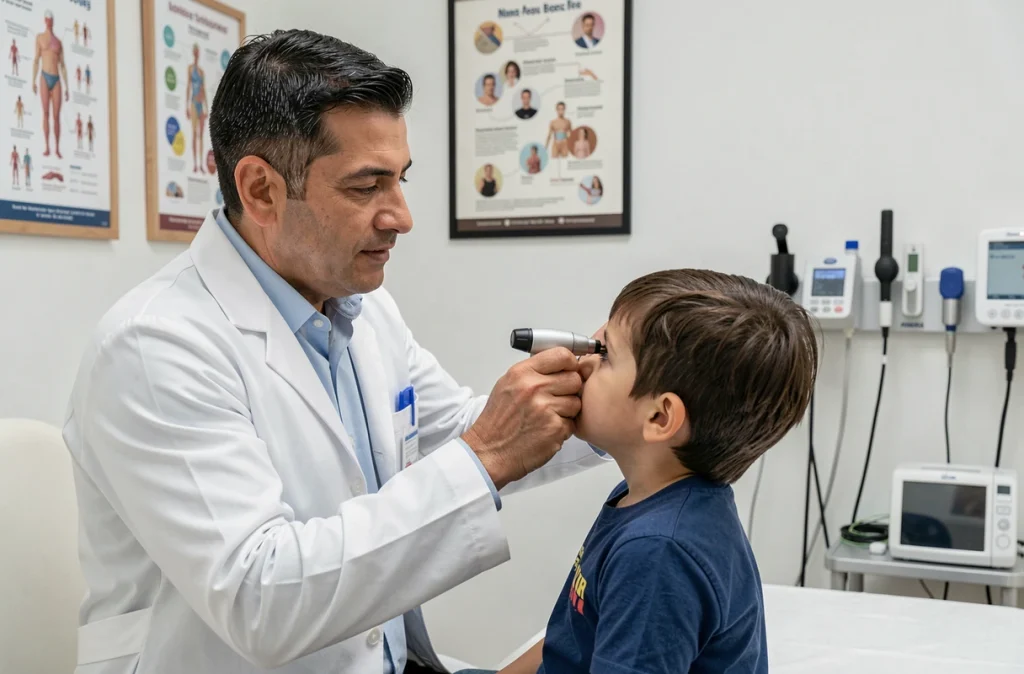 Le Dr Adel Sahyouni, pédiatre, examinant l'oreille d'un enfant dans son cabinet médical