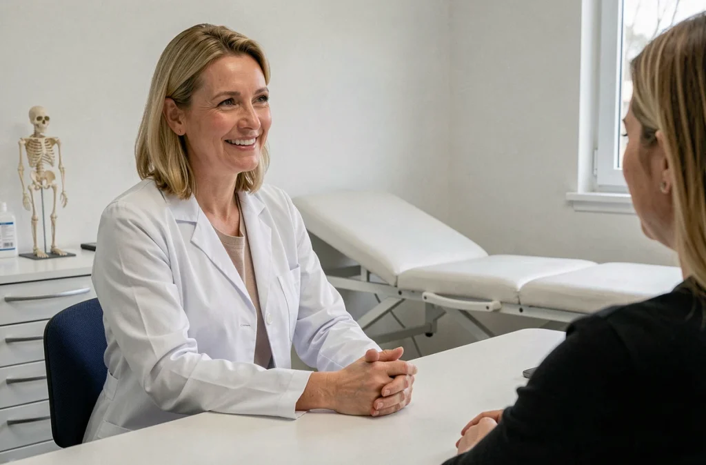 Le Dr Aurélie Cuinet, pédiatre, en consultation avec un parent dans son cabinet médical