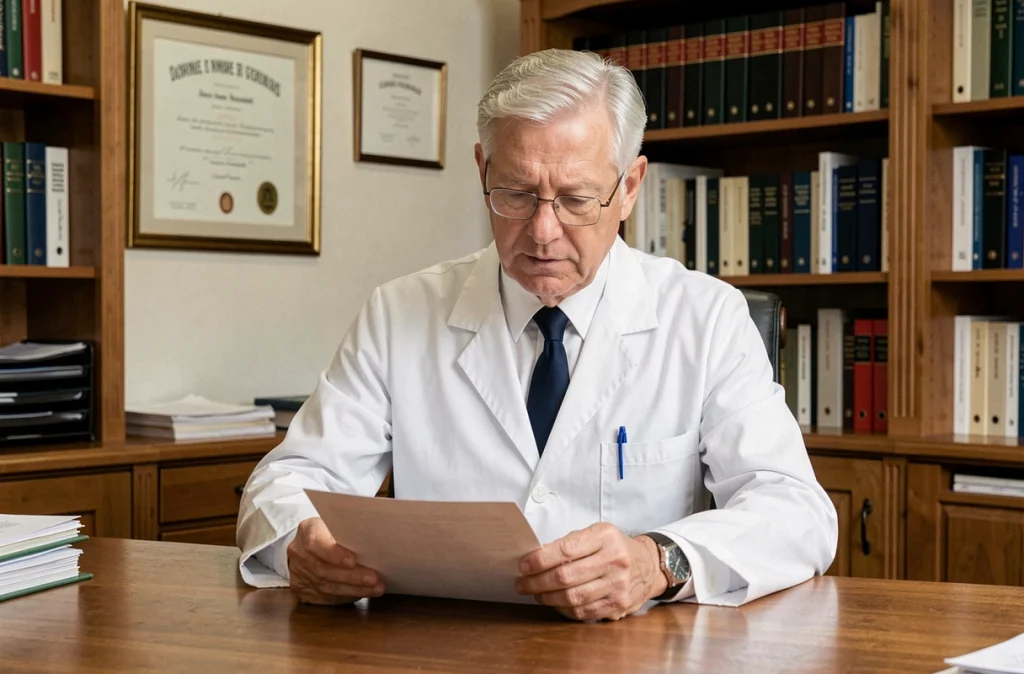 Le Dr Gérard Darnaud, pédiatre expérimenté, examinant un dossier médical dans son bureau