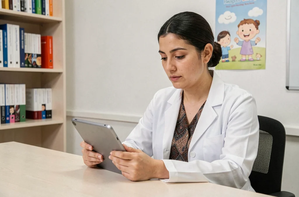Le Dr Sana Mahmoudi, pédiatre, consultant un dossier médical dans son cabinet