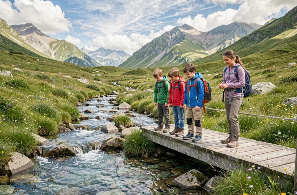 Jeunes enfants de 6 à 11 ans observant un torrent de montagne depuis un pont de bois lors d'un séjour multi-activités montagne à l'école de la montagne