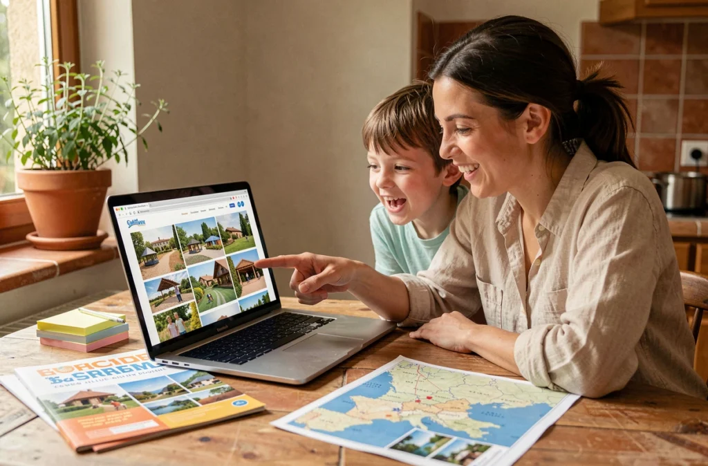 Mère et enfant consultant le site Encolonie sur un ordinateur portable pour choisir un séjour en Provence-Alpes-Côte d'Azur