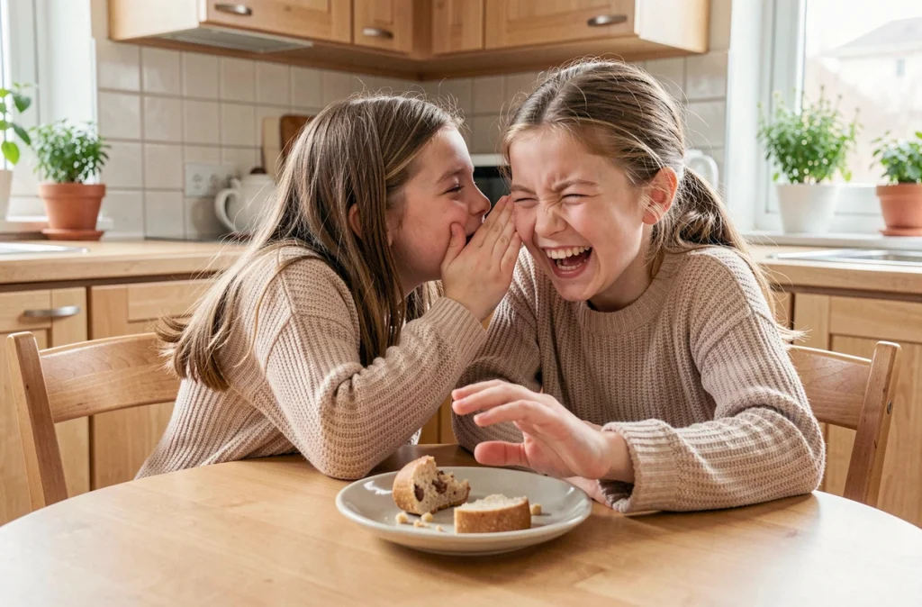 Deux fillettes qui s'amusent à se raconter des devinettes drôles autour d'une table de cuisine lors d'un goûter