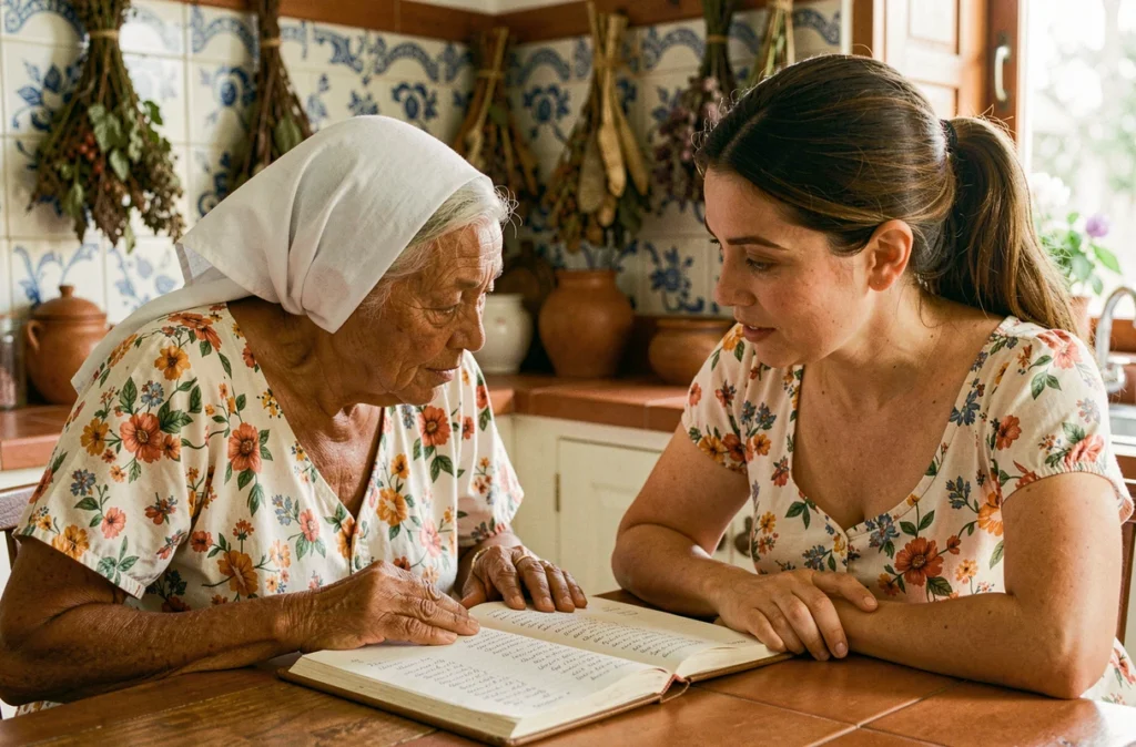 Grand-mère martiniquaise en tenue traditionnelle et sa fille adulte consultant un registre de prénoms familiaux dans une cuisine créole authentique