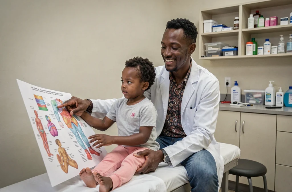 Hervé Chatue Kamga, professionnel de santé pédiatrique, expliquant un concept médical à un enfant