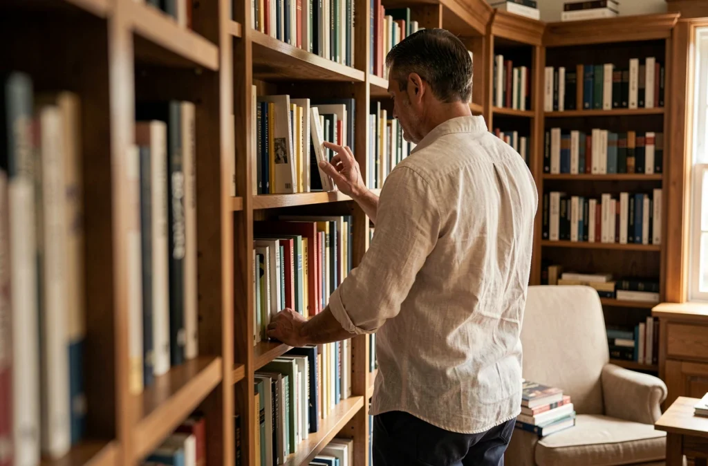 Homme de dos dans une bibliothèque privée, symbolisant le respect de l'intimité du conjoint d'une personnalité publique