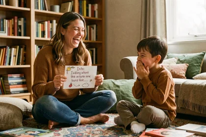 Une femme et un enfant qui rient ensemble en inventant des devinettes amusantes sur un tapis coloré