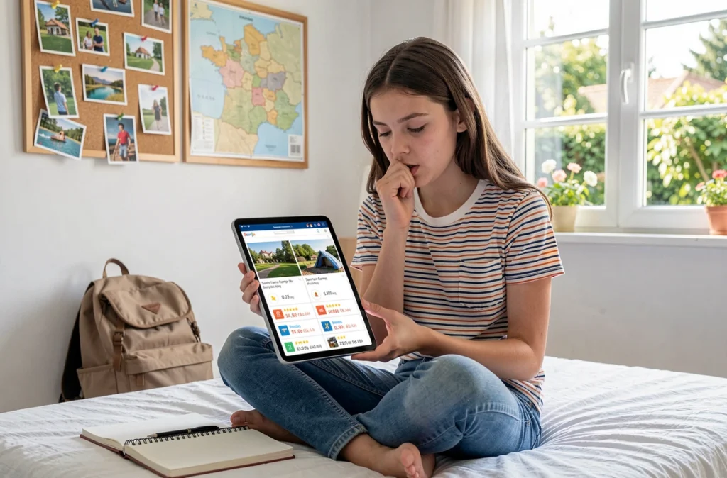Adolescente comparant des offres de colonies de vacances en PACA sur la plateforme Juvigo depuis sa chambre