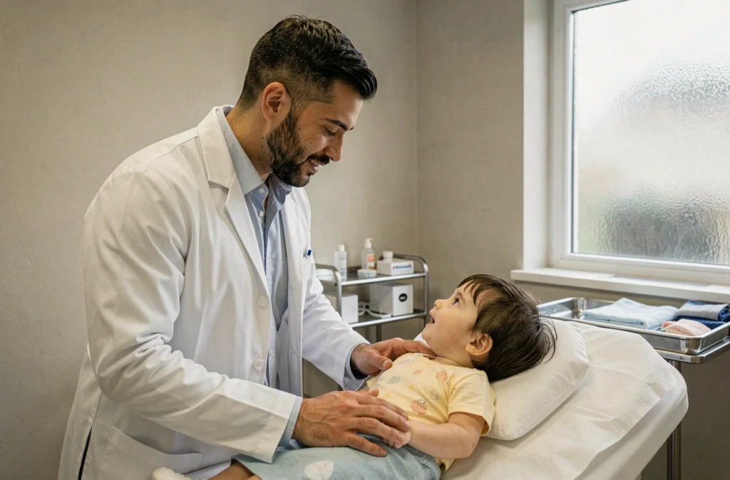 Kamel Adane, professionnel de santé pédiatrique, rassurant un jeune enfant lors d'un examen
