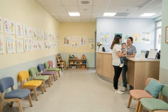 Salle d'attente d'une clinique pédiatrique du Val-d'Oise, accueillante et colorée, avec des parents et enfants