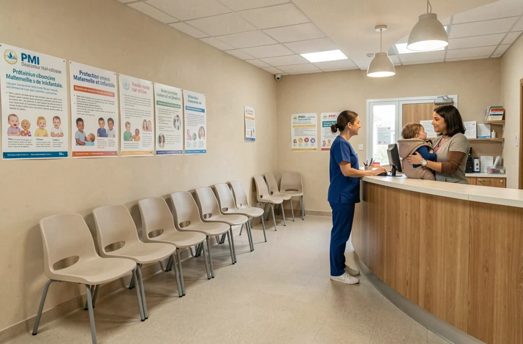 Centre PMI du Val-d'Oise, salle d'accueil avec une professionnelle de santé et une mère avec son nourrisson