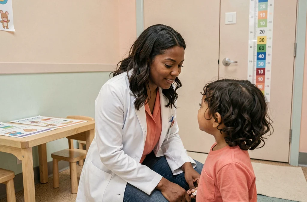 Rabia Azim, professionnelle de santé pédiatrique, interagissant avec un jeune enfant dans un cabinet